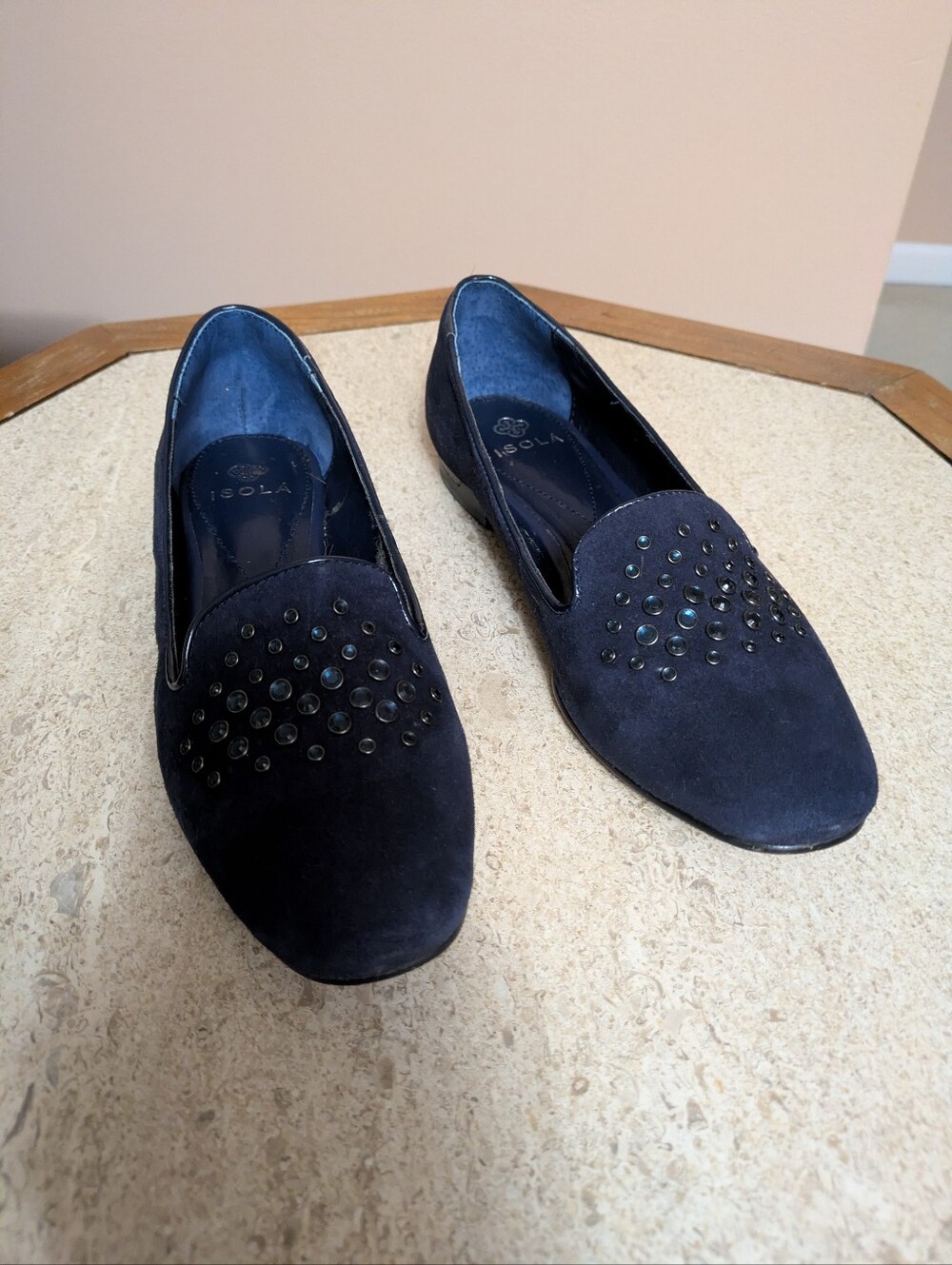 Isola Blue Suede Slip On Shoe With Embelishments.  Exterior In Great Condition.